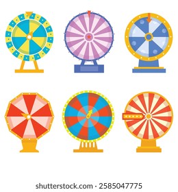 Set Of Colorful Wheel Of Fortune Games Featuring Vibrant Patterns, Arrows,Blank wheel, Lucky ,Vector illustrations.