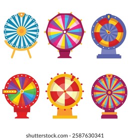 Set Of Colorful Wheel Of Fortune Games Featuring Vibrant Patterns, Arrows,Blank wheel, Lucky ,Vector illustrations.