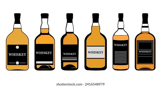 Set of colorful whiskey bottle illustrations in cartoon style on white background for beverage concepts