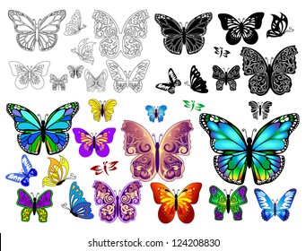 Set of colorful and white black isolated  butterflies.