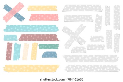 Set of colorful and white different size adhesive, sticky tape, paper pieces with stars.