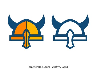 Set of colorful and white horned Viking helmets. Cartoon style head armor. Traditional medieval north mascot. Vector illustration isolated on white background