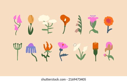 Set of colorful wild flowers on stems. Meadow plants in retro paper cut style. Outdoor garden illustration elements for invitation or greeting card. Isolated vector illustrations