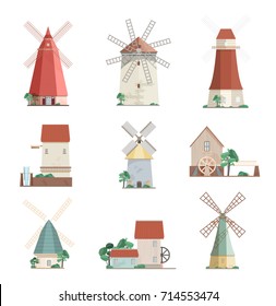 Set of colorful windmills and watermills of different types - smock, tower, post mills isolated on white background. Agricultural buildings with rotating sails. Vector illustration in flat style.