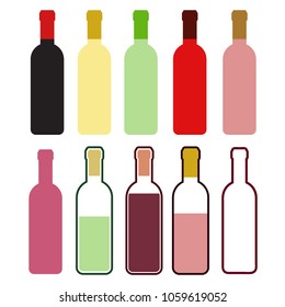 Set of colorful wine bottles on white, stock vector illustration