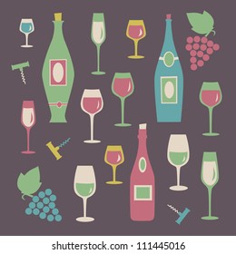 Set of colorful wine glasses and bottles.  Vector illustration.