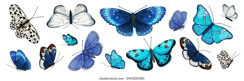 Set of colorful winged insects, various butterflies.Vector graphics.