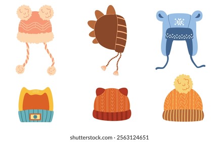 Set of colorful winter hats with unique designs, pom-poms, and ear flaps. Perfect for winter fashion, holiday themes, or cozy seasonal illustrations. Isolated on white background.