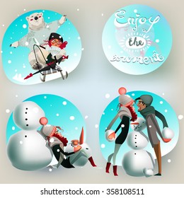 set with colorful winter illustration with cartoon characters