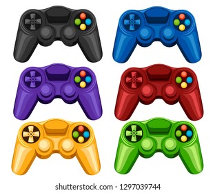 Set of colorful wireless game pads. Video game controller. Gamepad for PC or Console gaming. Flat vector illustration isolated on white background.