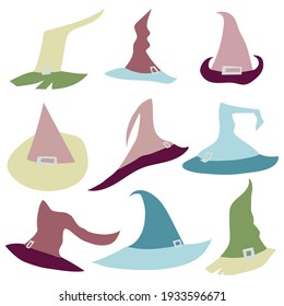 Set of colorful witch's hats with ribbons and buckles in handdrawn style with angular lines.  