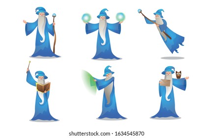 Set of colorful wizard character in different action situations. Vector illustration in flat cartoon style.