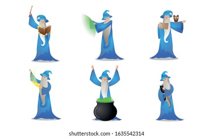 Set of colorful wizard character in different action situations. Vector illustration in flat cartoon style.