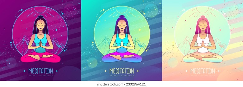 Set of colorful woman meditation in lotus position in the mountains with starry sky. Vector illustration