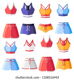 Set of colorful women sport bra and shorts. Women sport clothes collection. Training top. Flat vector illustration isolated on white background.