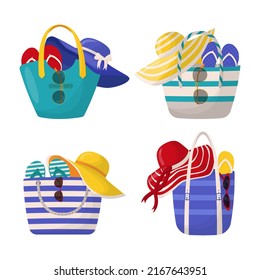 Set of colorful women's summer bags with beach accessories. Set of summer design elements.