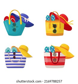 Set of colorful women's summer bags with beach accessories. Set of summer design elements.