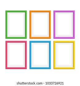 Set of colorful Wooden Frames. Wooden picture frame in flat style. Abstract coloured framework isolated on white background. Vector collection of color photo frames for your project. EPS 10.