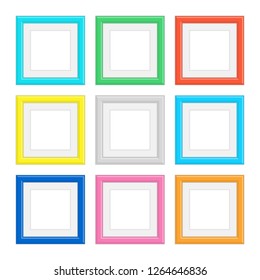 Set of colorful wooden frames. Colorful Wooden square picture frame set for your web design. Abstract colored frameworks isolated on white background. Vector illustration in realistic style. EPS 10.