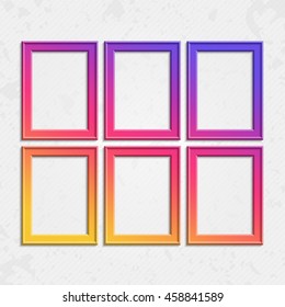 Set of colorful wooden frames. Wooden square picture frames of colorful set for your web design. Abstract colorful picture frames on vintage background. Vector set of color photo frames on the wall.