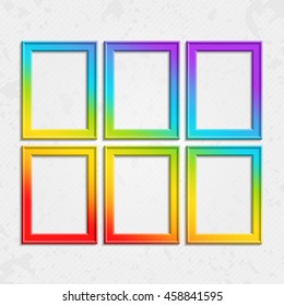 Set of colorful wooden frames. Wooden square picture frames of colorful set for your web design. Abstract colorful picture frames on vintage background. Vector set of color photo frames on the wall.