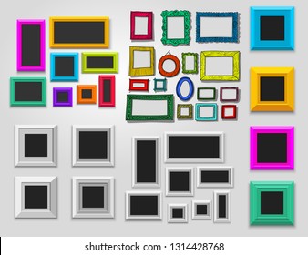 Set of colorful wooden photo frames on the wall. Wooden square picture frames of colorful set for your web design. Vector illustration abstract colorful picture frames. Isolated on white background.