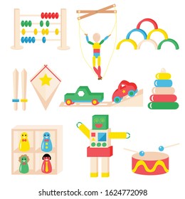 Set of colorful wooden toys vector