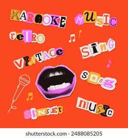 Conjunto de palabras coloridas cortadas de periódicos, revistas y papel sobre el tema de la música - karaoke, cantar, canción, cantante. Elementos de moda para collage y arte de Clip. Recortes de Vector aislados