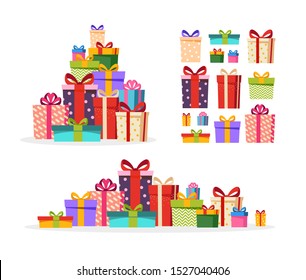 Set of colorful wrapped gift boxes with ribbons and bows. Big pile of holiday gifts. Flat cartoon style vector illustration isolated on white background.