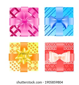 set colorful wrapped gift boxes with bows valentines day celebration concept vector illustration