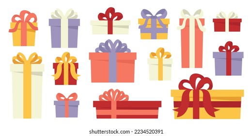 Set of colorful wrapped gift boxes. Christmas gift box with an overpowering bow. Different shapes and sizes of party gifts with ribbon. Birthday presents for postcard, greeting card. Flat Vector.