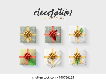 Set of colorful wrapped gift boxes. Lots of presents. Flat decoration collection. vector illustration