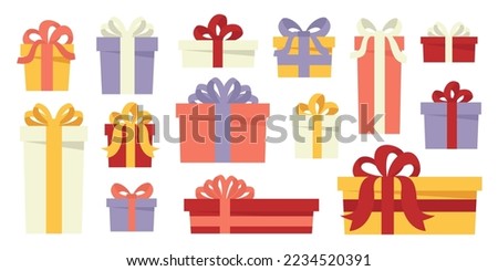 Set of colorful wrapped gift boxes. Christmas gift box with an overpowering bow. Different shapes and sizes of party gifts with ribbon. Birthday presents for postcard, greeting card. Flat Vector.