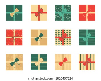 Set of colorful wrapped gifts with top view. Christmas icons on white background. 