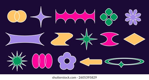 Set of colorful y2k style shapes and frames - stars, flower, ovals, pointed arc, curved diamond elements. Bright retro geometric figures with minimal flat design, funky fills for graphic projects.