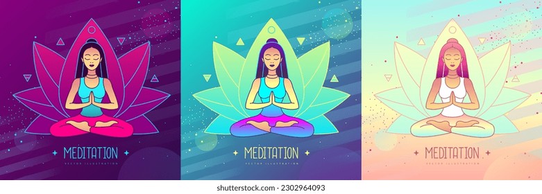 Set of colorful young woman meditation in lotus position with four elements ans Ether. Lotus flower sign. Vector illustration