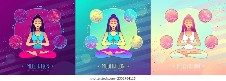 Conjunto de coloridas meditaciones de mujeres jóvenes en posición de loto con los cuatro elementos. Ilustración del vector