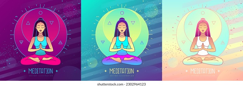 Set of colorful young woman meditation in lotus position in the rays of the rising sun. Sun and moon astrology sign. Vector illustration