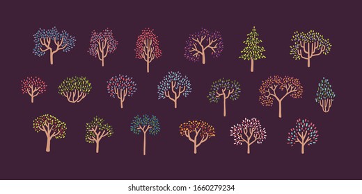 Set of Colorfull Autumn Trees in Simple Pointillism Style - Part 02. Vector Illustration on Violet Background.