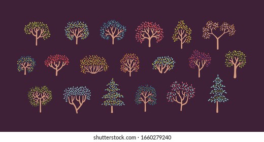 Conjunto de árboles de otoño coloridos al estilo simple del puntillismo - Parte 01. Ilustración vectorial sobre fondo violento.