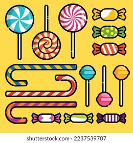 Set of colorfull candy, isolated on  yellow background