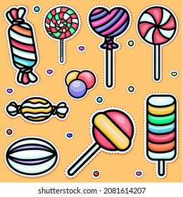 Set of Colorfull Candy Sticker Vector Icon Doodles Hand Drawn. Free Vector.