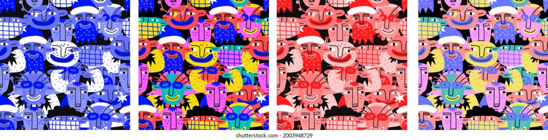 set of colorfull Christmas seamless patterns-psychedelic santa, children, deer,decorations.New Year celebration.Party in the style of the 80s and 90s.Bizarre non binary characters 2022.Body neutrality