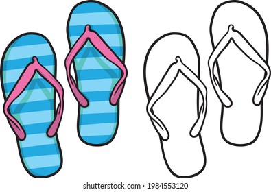 Set colorfull Flip Flops Vector Icon Illustrations. Colored Summer Slippers. Summer Footwear summer collection swim wear with flower vector illustration