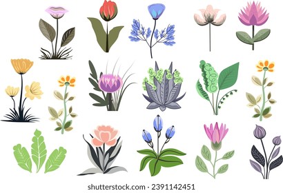 Set of colorfull flowers in a flat style.Spring botanical illustration with blooming bud  and leaves.