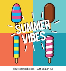 a set of colorfull ice cream with summer vibes text, isolated with colorfull background