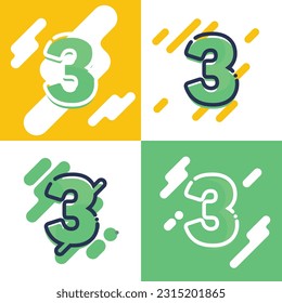 set of colorfull number three templates, vector illustrations isolated on white, green and orange background. Colorfull graphic number two logo templates - modern abstract, dynamic