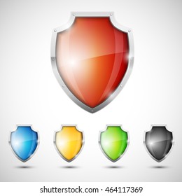 Set of colorfull Shields. Vector illustration icon of glossy glass protection symbols