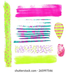 Set of colorfull watercolor design elements. Abstract vector illustration. White background with watercolor stains. Editable template. Isolated. Bright acid pink, green and blue colors