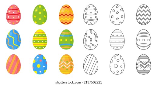 Set of colorfully decorated cartoon Easter eggs. Black and white version.